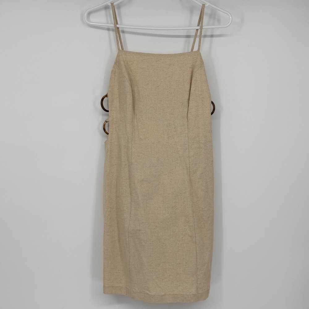 by Anthropologie Linen Blend Tortoise Ring Cut Out Mini Dress Beige XS